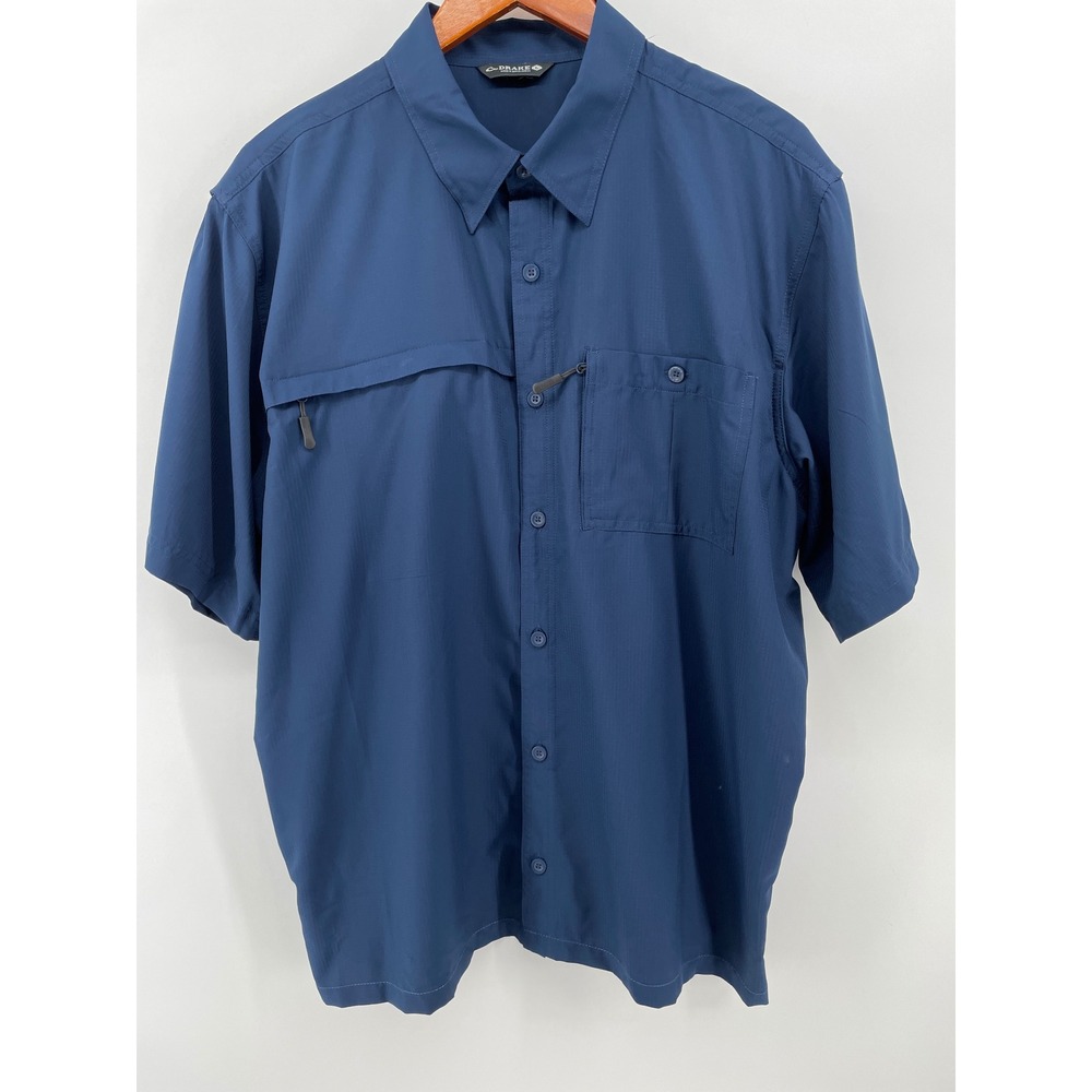 Drake Waterfowl Fishing Shirt Mens Large Blue Short Sleeve Ripstop Vented Hiking